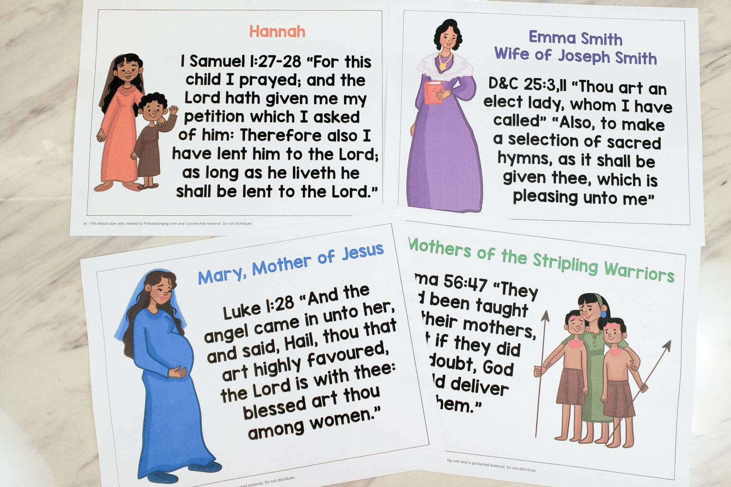 Women in the Scriptures Info Cards with a scripture verse for 25 different women from the New Testament, Old Testament, Book of Mormon, and Doctrine & Covenants. Singing time lesson plan LDS Primary music leaders for Mother's Day.