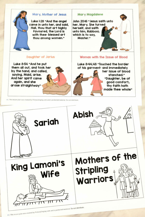 Women in the Scriptures Info Cards with a scripture verse for 25 different scripture women from the New Testament, Old Testament, Book of Mormon, and Doctrine & Covenants. Includes cute custom art for each. See this singing time lesson plan for LDS Primary music leaders that would be great for Mother's Day.