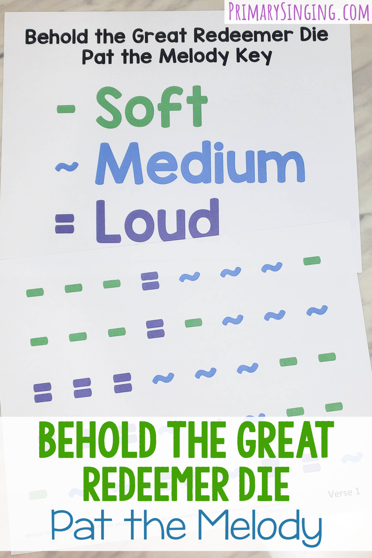 Behold the Great Redeemer Die Pat the Melody singing time idea that's so much fun! You'll pat along with soft, medium, or loud pats that follow the feeling of each of the words with the notes! Printable song helps for LDS Primary music leaders.