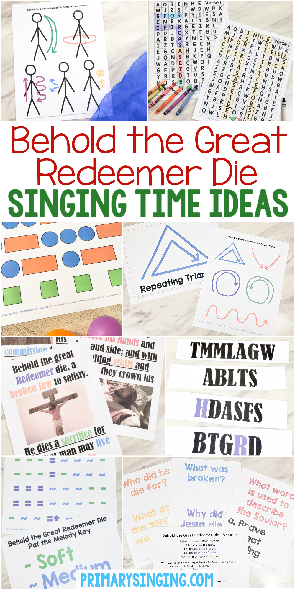 Behold the Great Redeemer Die singing time ideas - tons of fun ways to teach this LDS Hymn to your Primary kids with printable song helps for Primary Music Leaders.