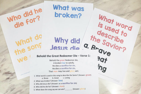 Behold the Great Redeemer Die Lyrics Trivia Quiz - ask questions from the song lyrics to help the kids better understand the meaning of the verse in a fun and interactive way! Includes printable helps for LDS Primary music leaders.