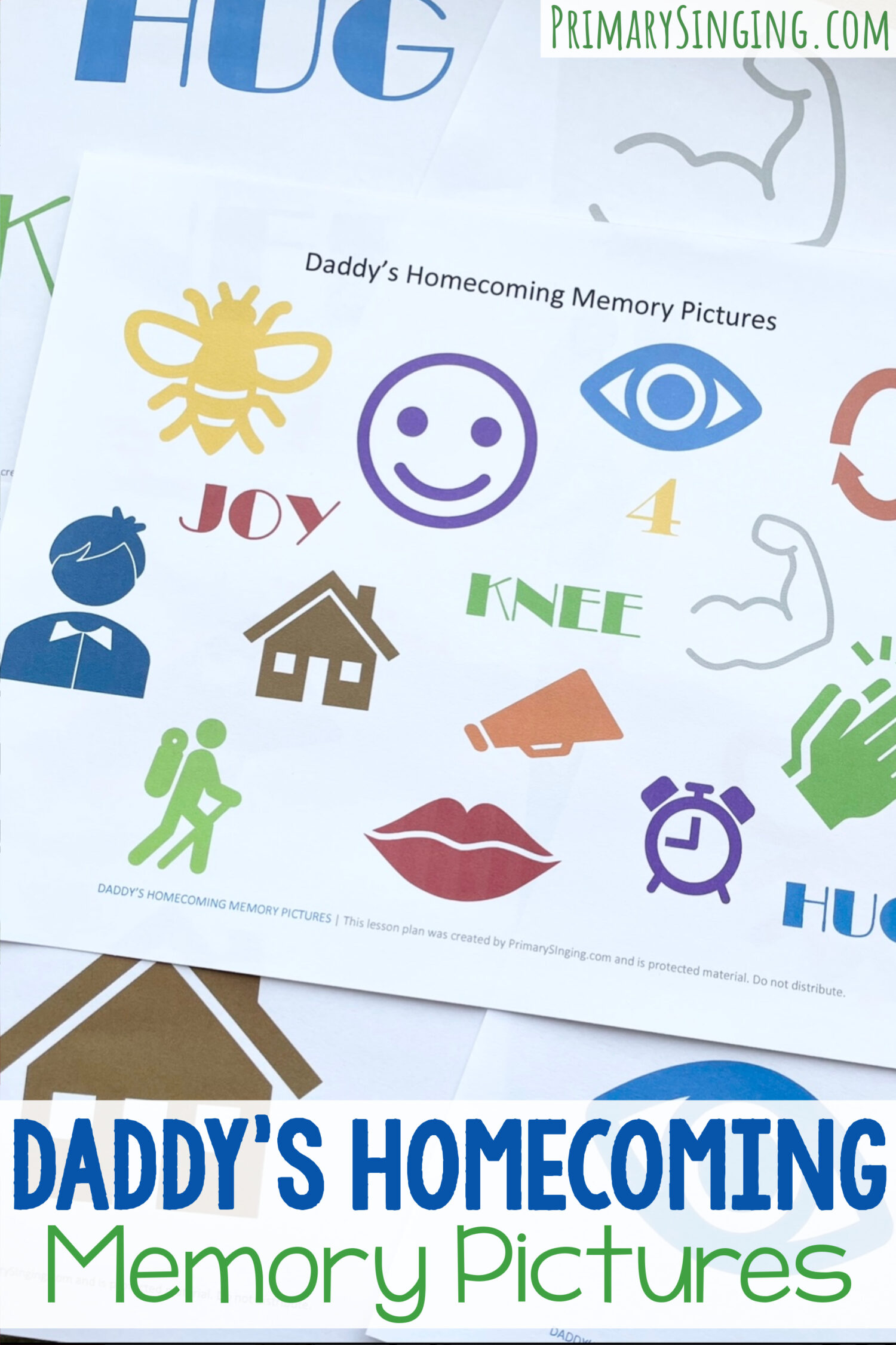 Daddy's Homecoming Memory Pictures- singing time idea to see how many pictures the primary children can remember with printable song helps for LDS Primary Music Leaders.
