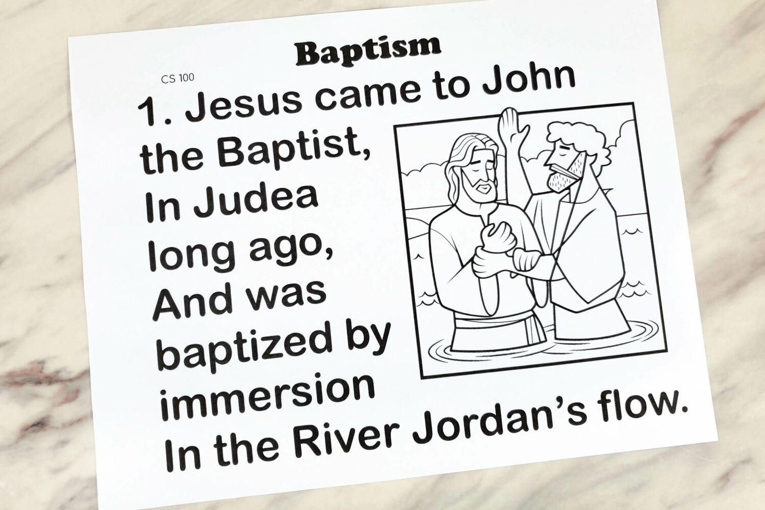 Black and white Baptism flip chart coloring page
