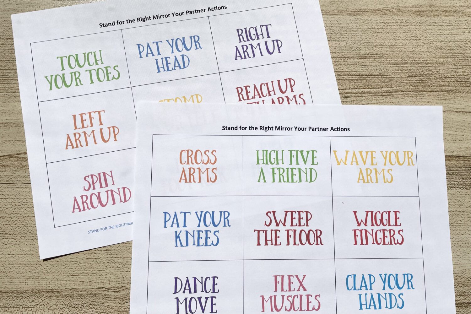 Stand for the Right Mirror Your Partner singing time idea! Have your primary children use these action cards to mirror each other's movements with printable song helps for LDS Primary Music Leaders.