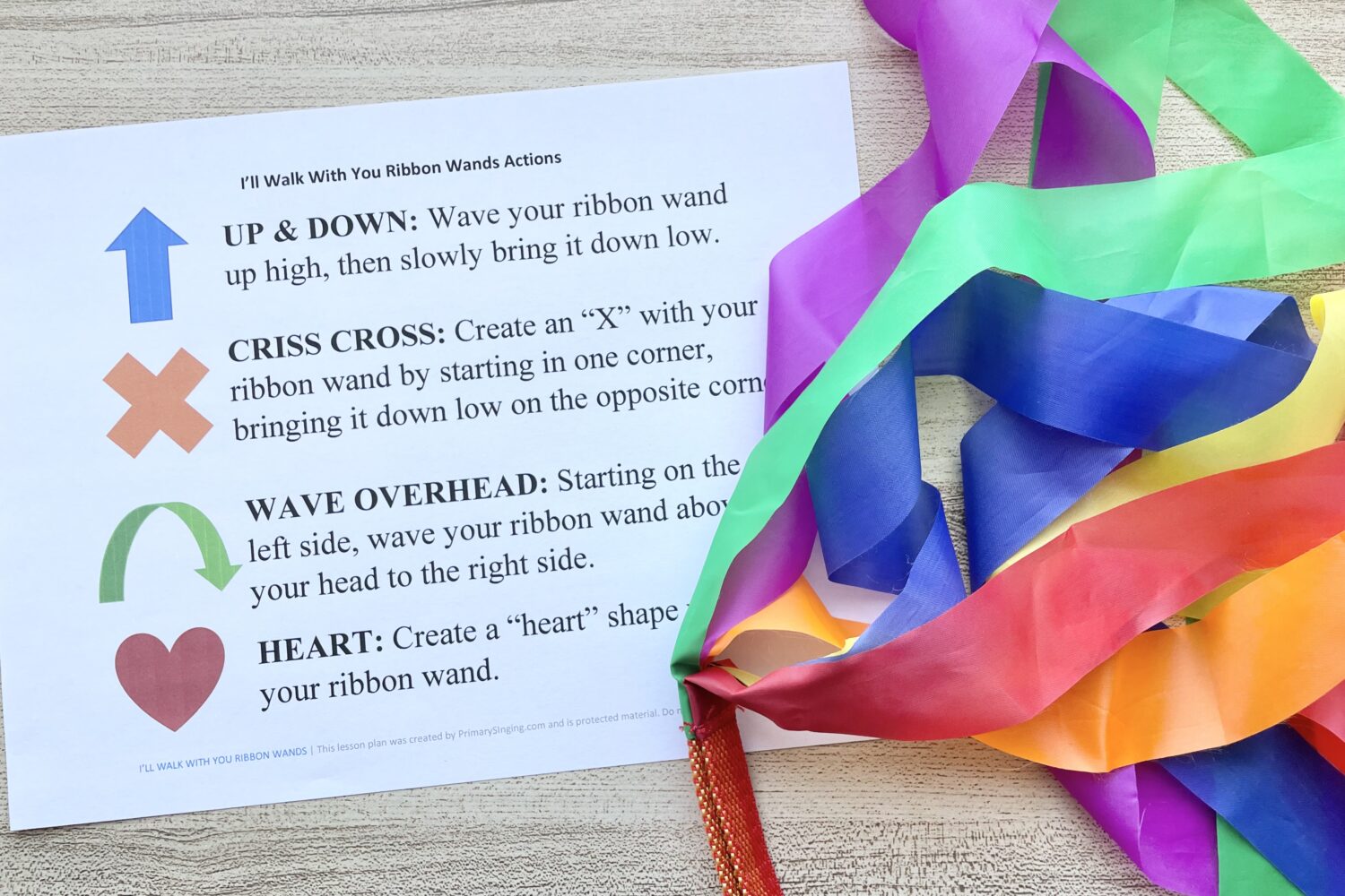 Use this fun I'll Walk With You Ribbon Wands living music primary idea for a printable ribbon wands pattern with 4 actions for LDS Primary Music Leaders.