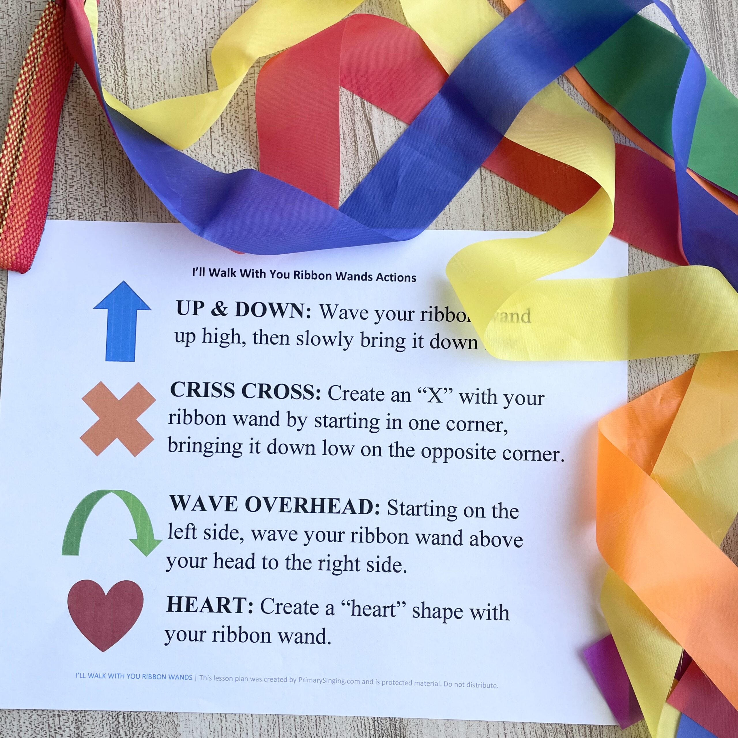 Use this fun I'll Walk With You Ribbon Wands living music primary idea for a printable ribbon wands pattern with 4 actions for LDS Primary Music Leaders.