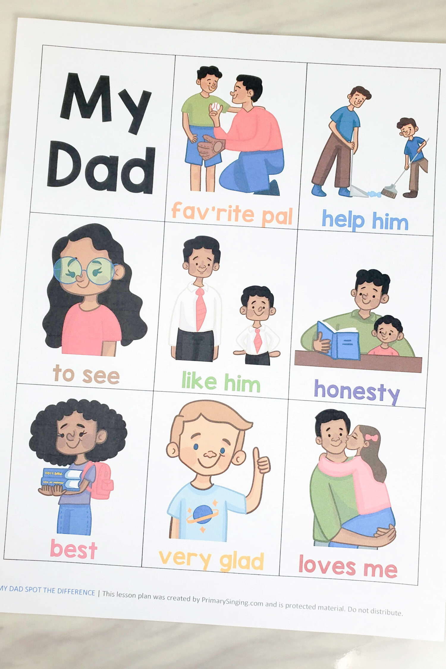 My Dad Spot the Difference singing time idea! Use this fun way to teach this LDS Primary song for Father's Day! You'll show a picture while you sing the verse, then flip it to the alternate picture with one small change and see if the kids can spot the difference! Printable activity for Primary music leaders.