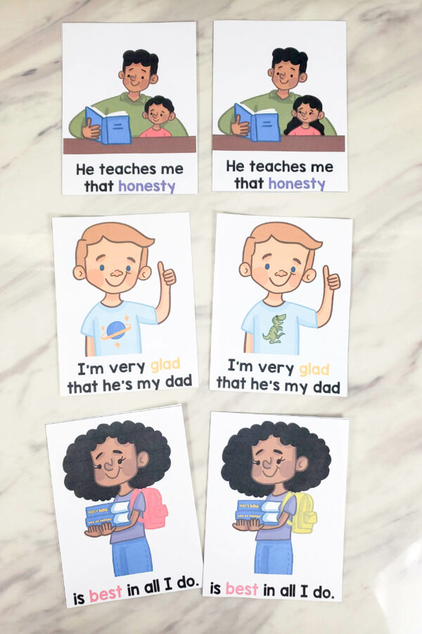 My Dad Spot the Difference singing time idea! Use this fun way to teach this LDS Primary song for Father's Day! You'll show a picture while you sing the verse, then flip it to the alternate picture with one small change and see if the kids can spot the difference! Printable activity for Primary music leaders.