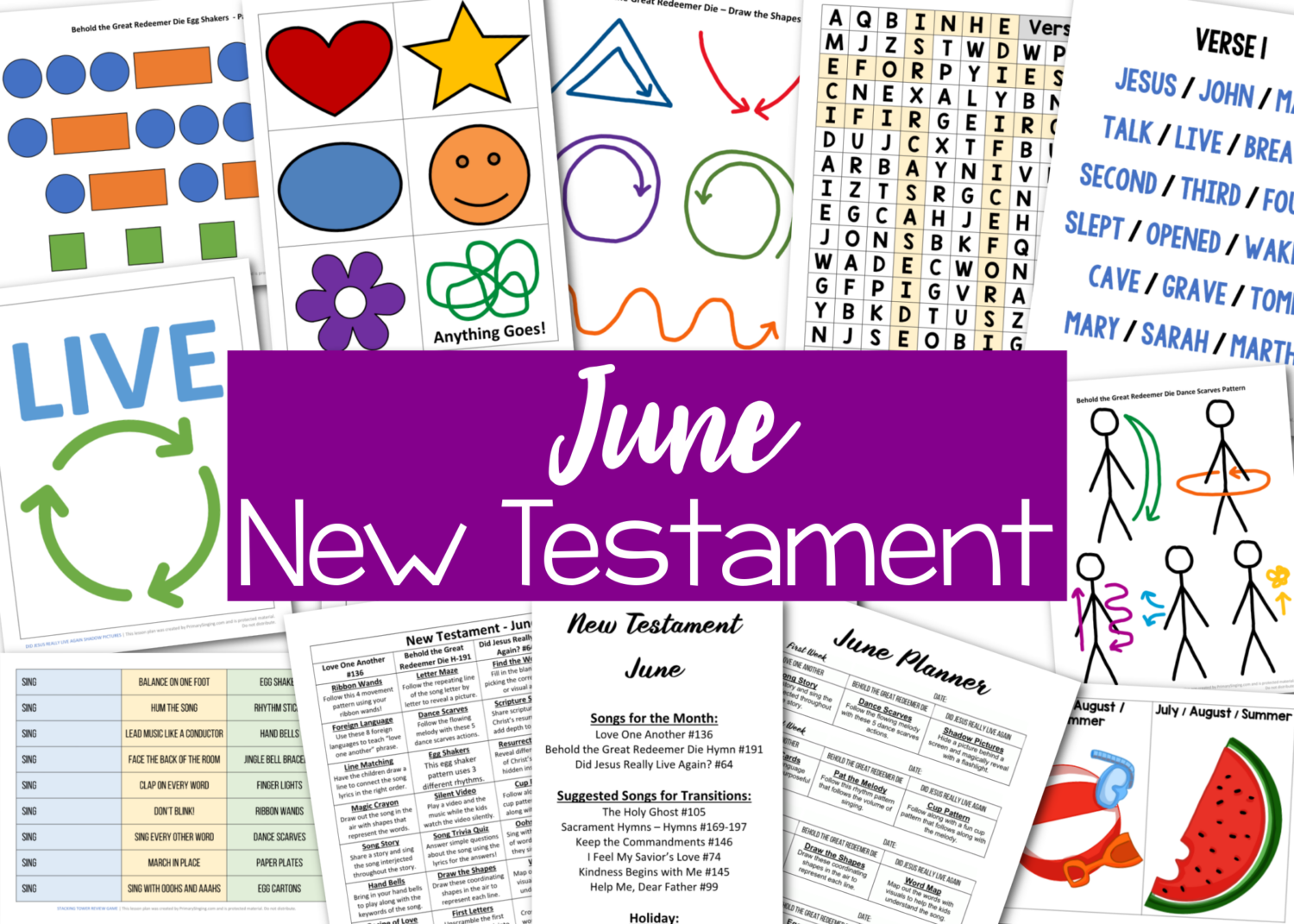 New Testament June Singing time packet sample of the variety of included activities