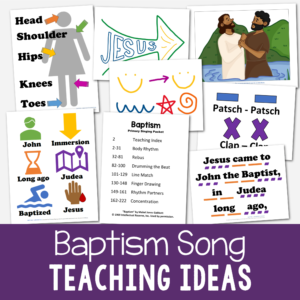 Baptism singing time ideas printable packet of song helps teaching helps. Includes body rhythm, picture rebus puzzle, drumming the beat, line match, finger drawing, rhythm partners, and concentration lesson plans. For LDS Primary music leaders and families.