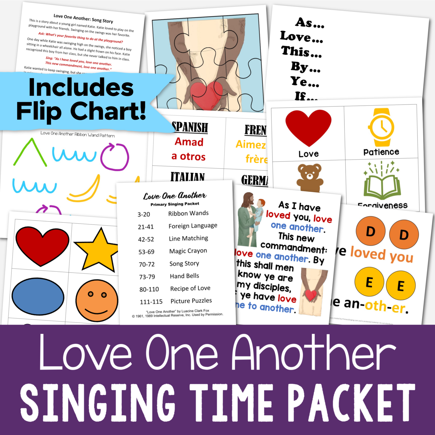 Love One Another Singing time packet for this lovely primary song - easy ways for LDS Primary music leaders to teach this song including a beautiful custom art flip chart, hand bells, magic crayon, foreign language, ribbon wands, line match, and song story activities.