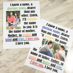 The Dearest Names flip chart and lyrics singing time helps for LDS Primary Music Leaders teaching this Mother's Day or Father's Day Song