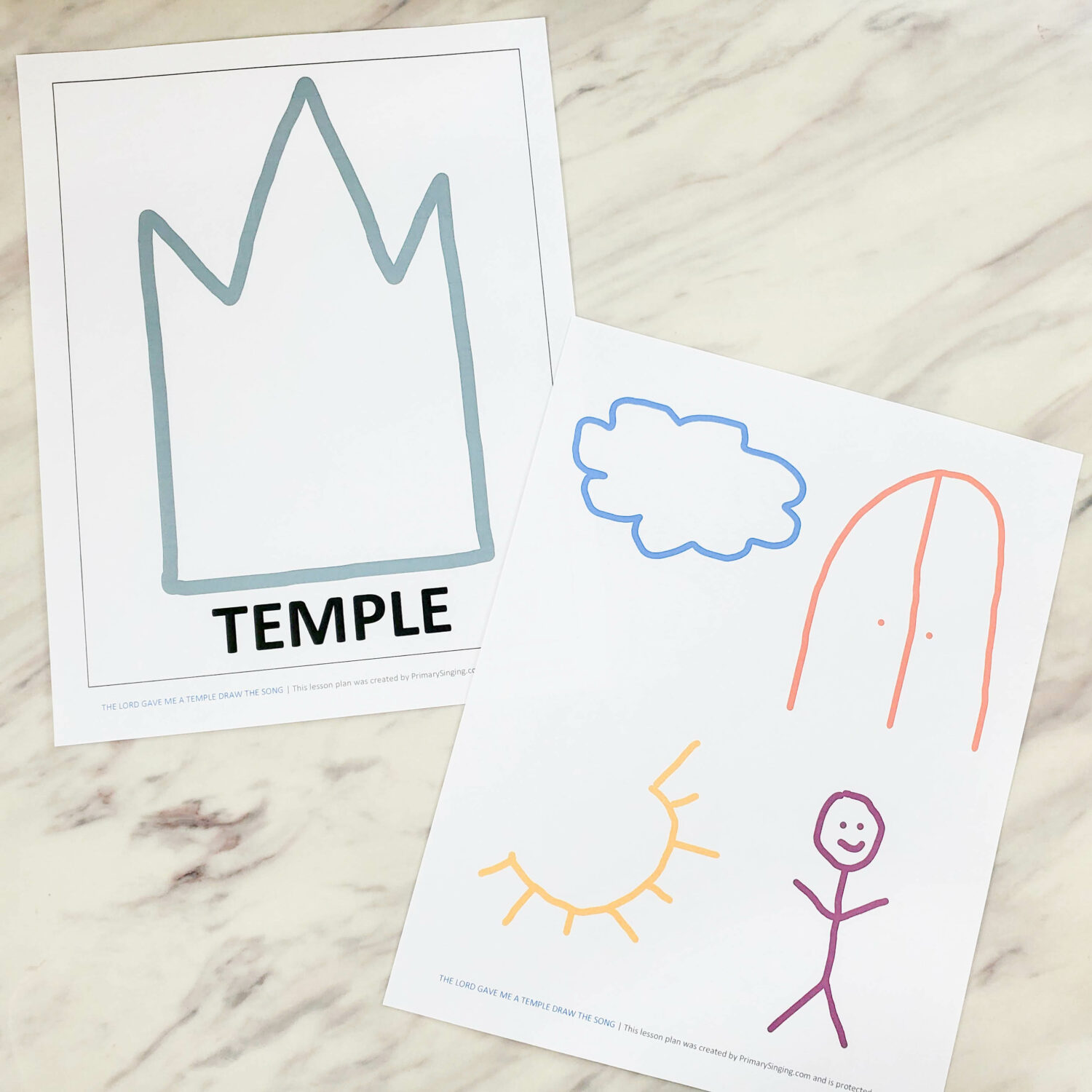 The Lord Gave Me a Temple Draw the Song singing time idea! Draw these 6 simple shapes that coordinate with a line or partial line of the song. Then, bring them all together to reveal a scene as you teach about what this important song is talking about. Includes a free printable 1-page drawing guide for LDS Primary music leaders.