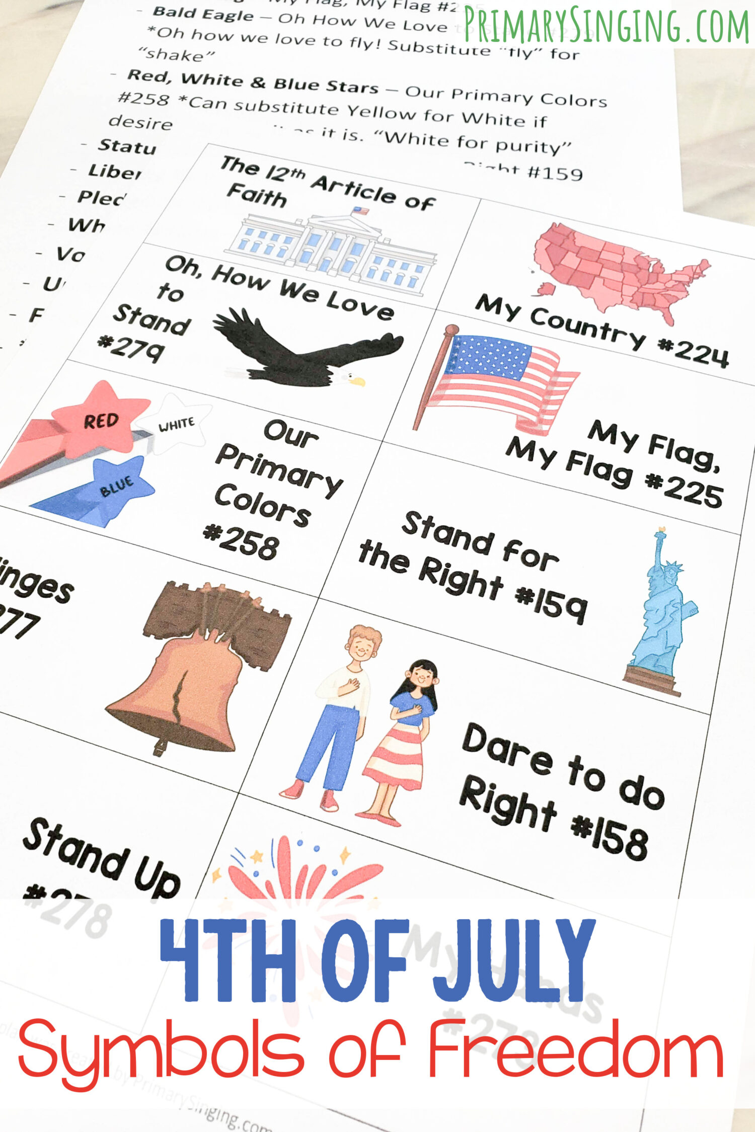 4th of July Patriotic Symbols of Freedom Singing Time activity fun lesson plan with ways to sing that match the symbols or LDS Primary patriotic songs to fit the holiday season! Sing holiday songs or your choice of songs for review. Includes printable song helps for LDS Primary music leaders.