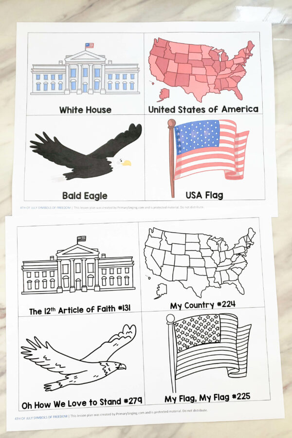 Symbols of Freedom Independence Day singing time activity printable in color and black and white