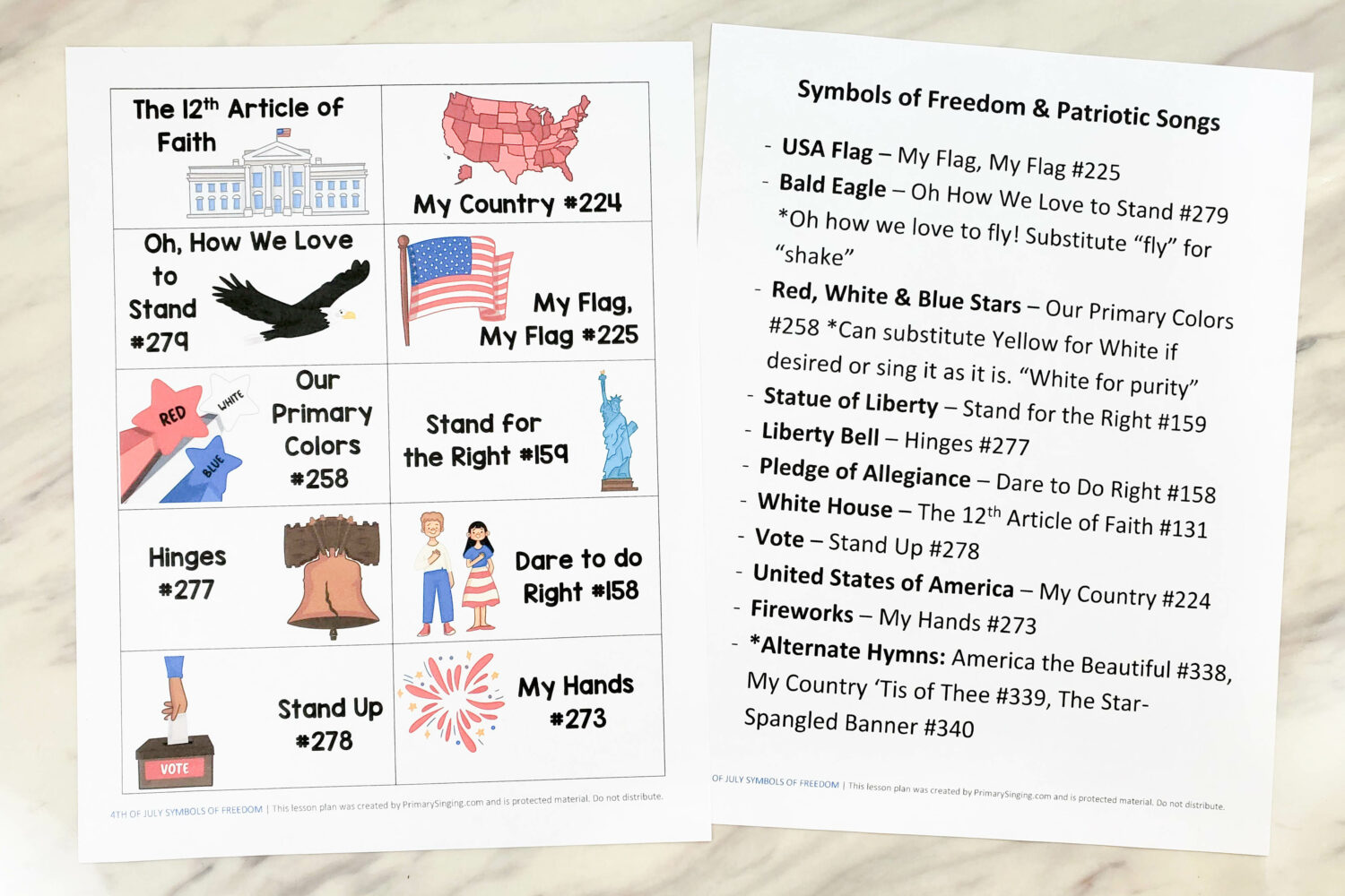 4th of July Symbol cards with LDS Primary Songs