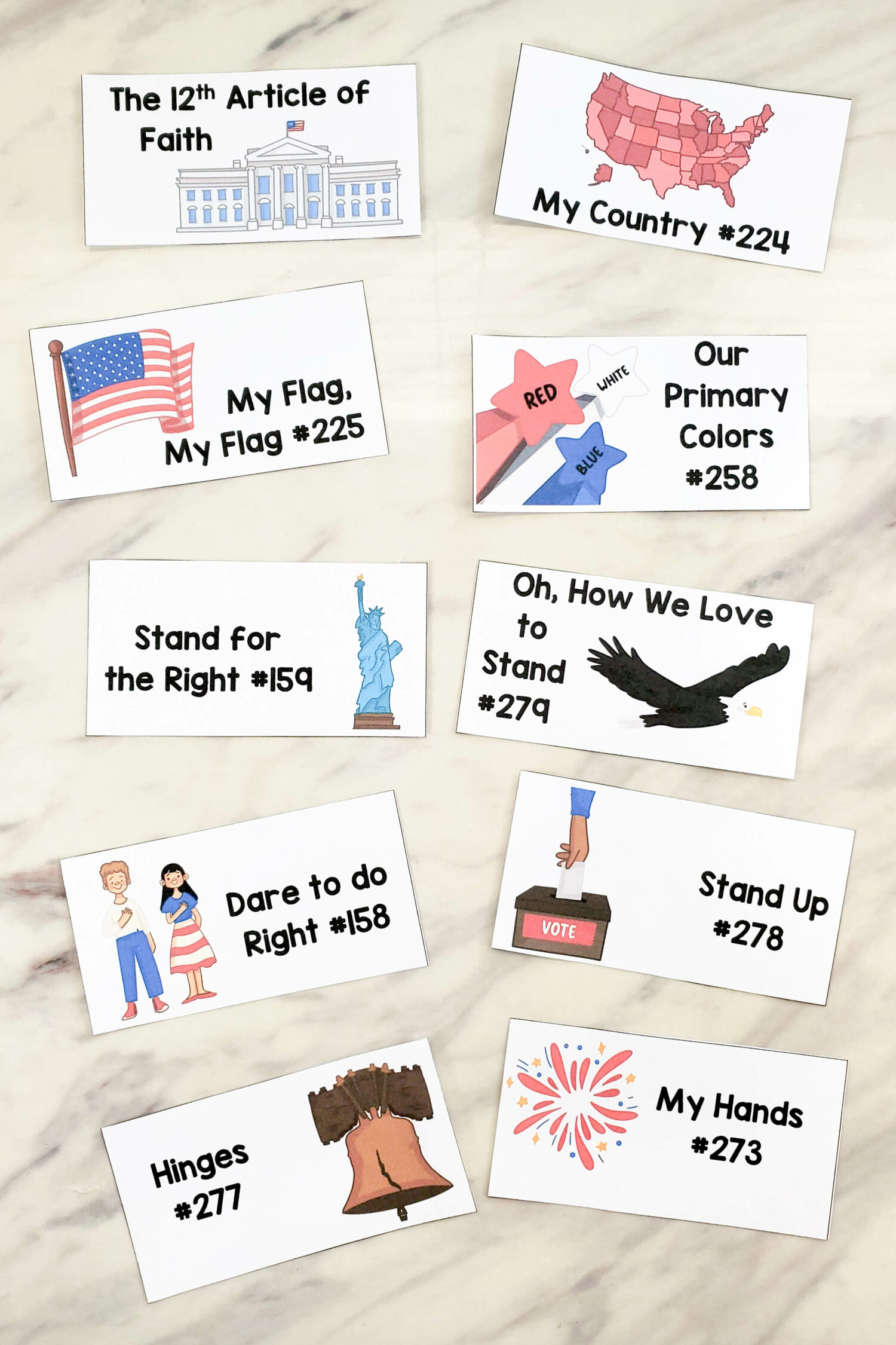 4th of July Symbol cards with LDS Primary Songs