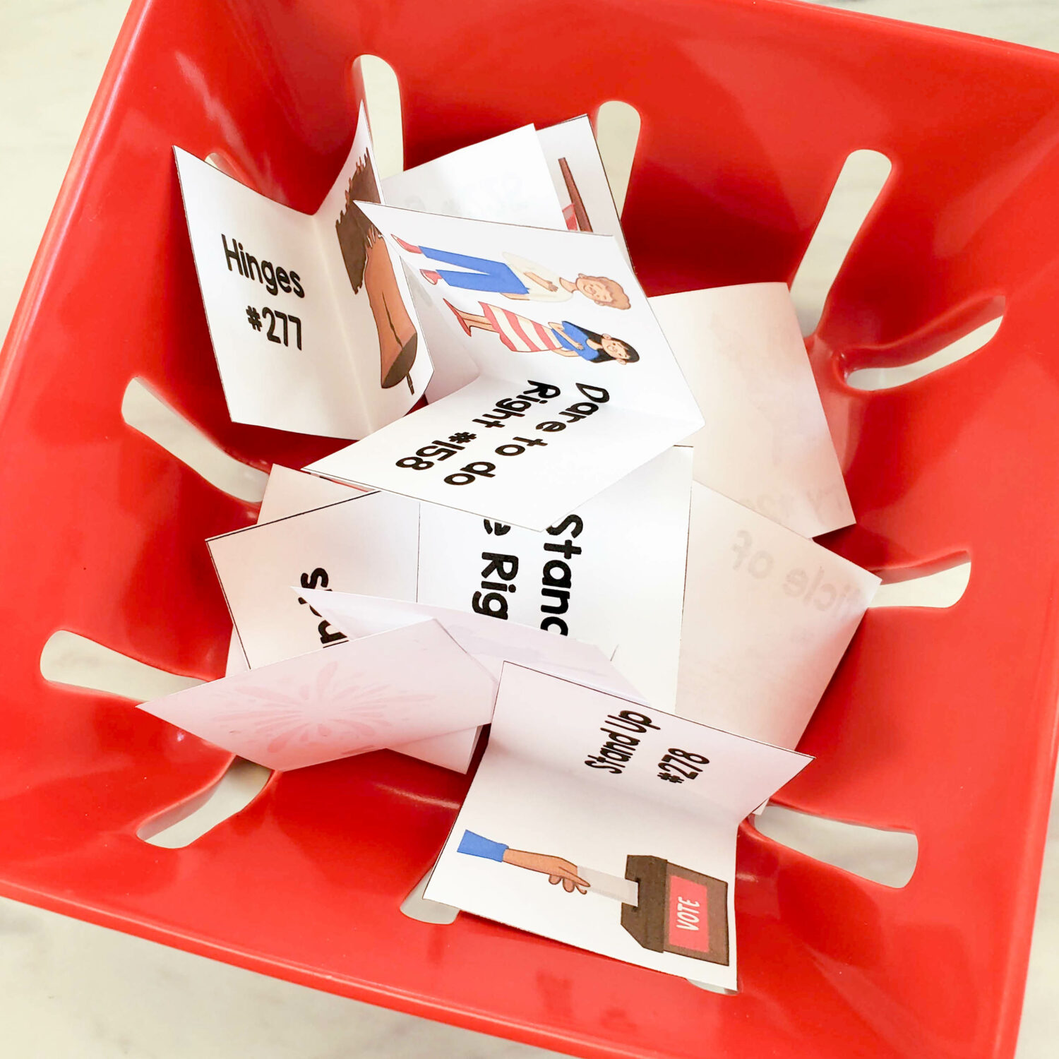 Patriotic symbols of freedom folded cards in a bowl