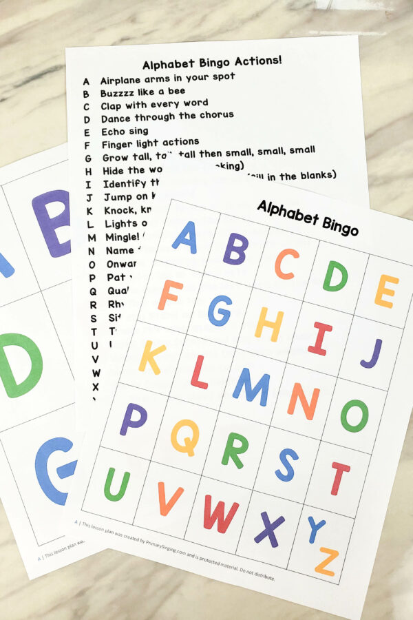 Back to School Alphabet Bingo Game - play this fun game with a matching game card in alphabetical order or mixed up game cards. Use the coordinating singing time action for each letter called or use it as a fun getting to know you game with a "favorites" question for each letter! Includes printable song helps for LDS Primary music leaders or great for a classroom activity for teachers.