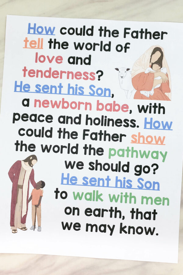 He Sent His Son Flip Chart custom art printable with visuals and lyrics for singing time for LDS Primary music leaders teaching this song.