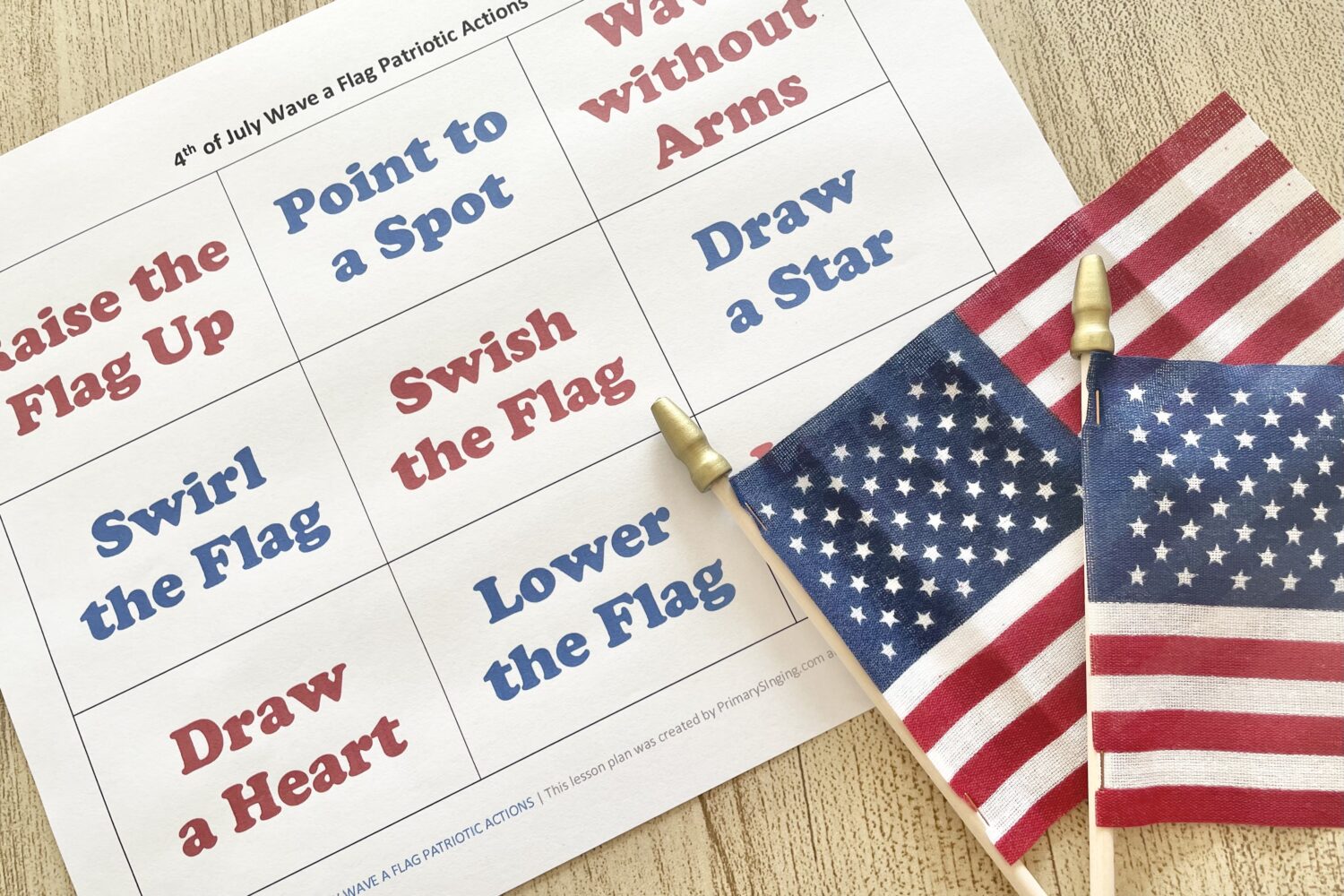 4th of July Wave a Flag Patriotic Actions singing time idea! Try these fun patriotic actions with a mini-American flag with printable action cards for LDS Primary Music Leaders.