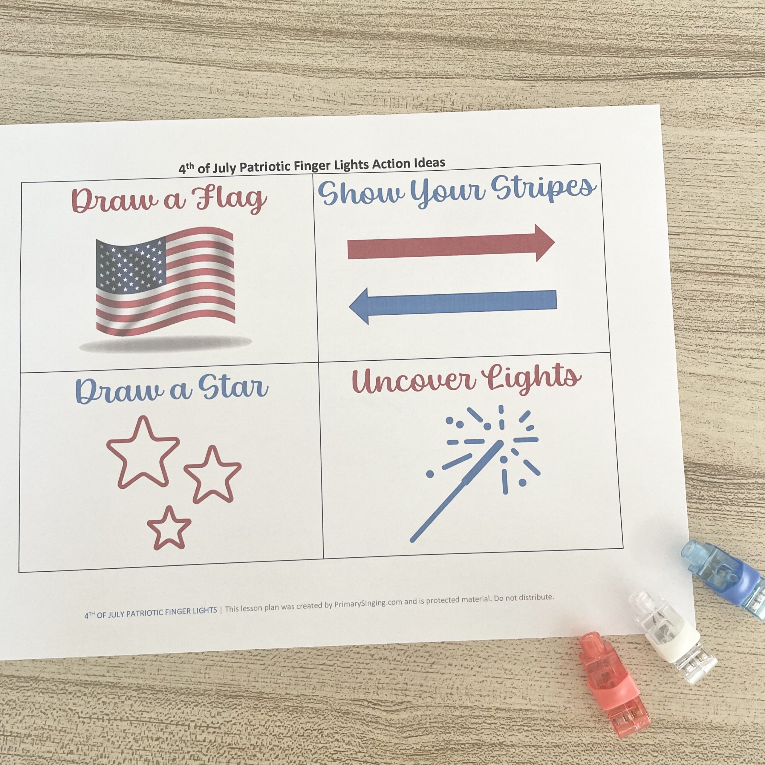 4th of July Patriotic Finger Lights - Use these fun and festive finger lights actions for 4th of July with printable action cards for LDS Primary Music Leaders.