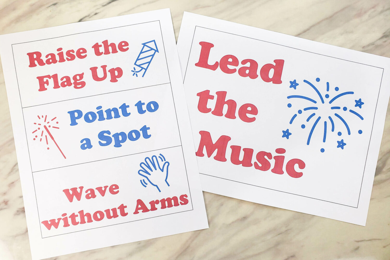 Wave the Flag extra large action cards and 1/3 sheet actions printable.