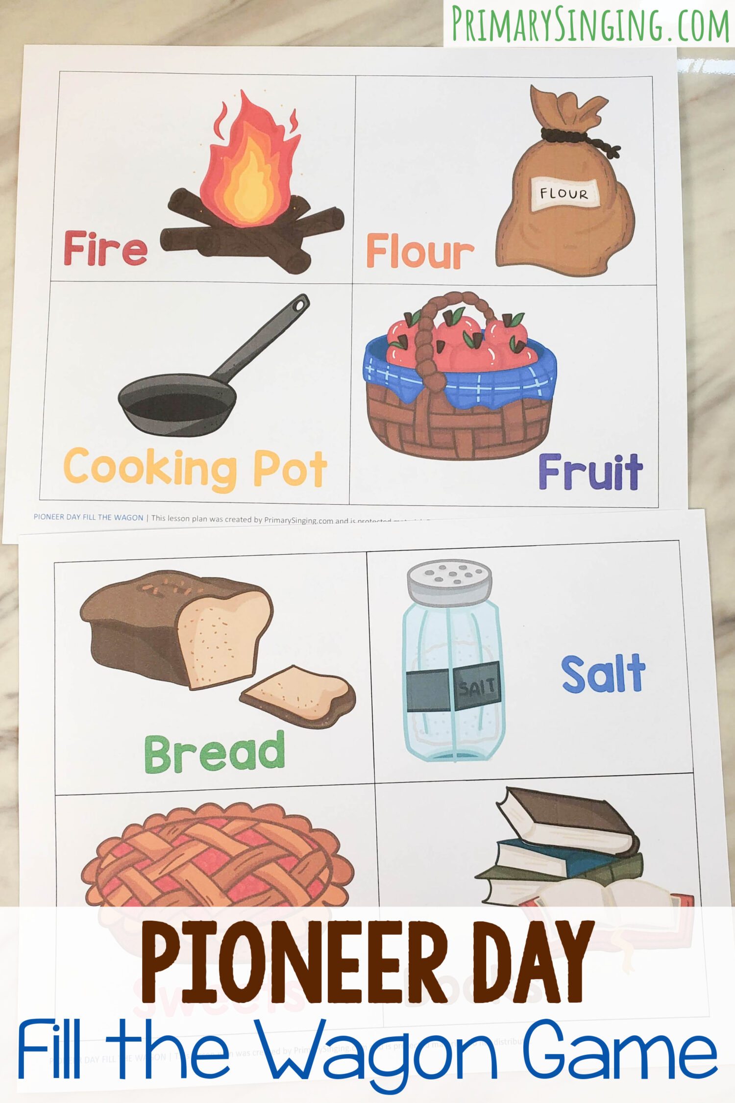 Pioneer Day singing time activity - Fill the Wagon game! Use this cute assortment of supplies the pioneers would have needed to pack before heading out on the Mormon Trail. The kids can make the tough choices of what to include, before time runs out! Then add a fun way to sing to coordinate. PDF Printable song helps for LDS Primary Music Leaders.