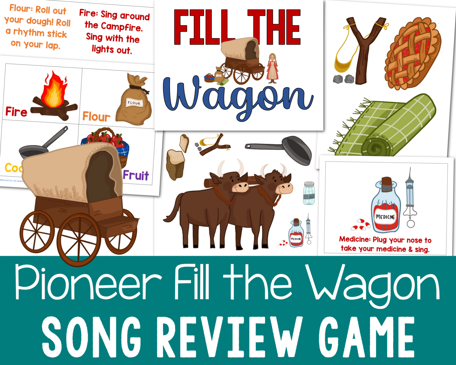 Pioneer Day singing time activity - Fill the Wagon game! Use this cute assortment of supplies the pioneers would have needed to pack before heading out on the Mormon Trail. The kids can make the tough choices of what to include, before time runs out! Then add a fun way to sing to coordinate. PDF Printable song helps for LDS Primary Music Leaders.