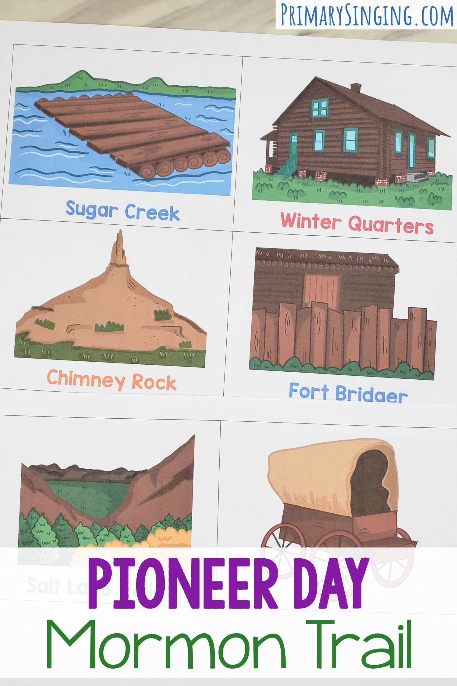 Pioneer Mormon Trail stops along the route fun Primary singing time review game to review all of your Primary Program songs or sing some fun Pioneer songs! Printables for LDS Primary Music Leaders.