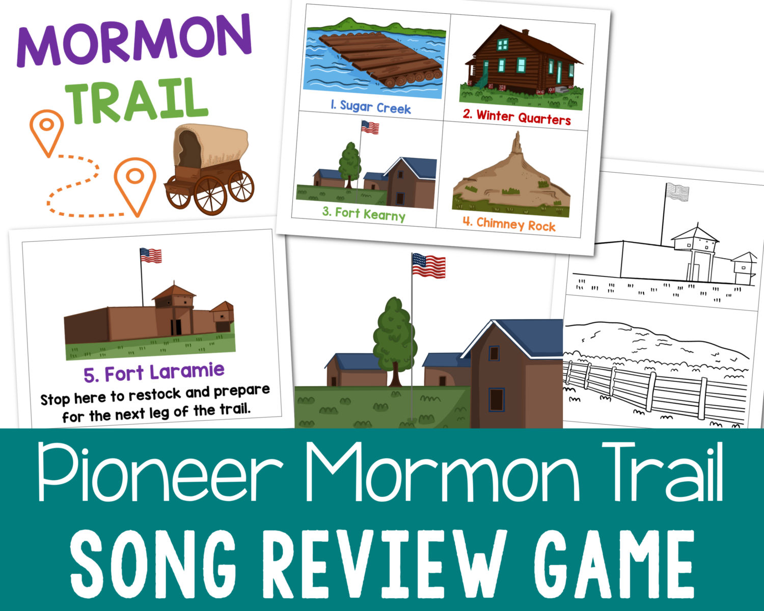 Pioneer Mormon Trail Stops Review Game Singing time ideas for Primary Music Leaders Pioneer Day Mormon Trail Review Game