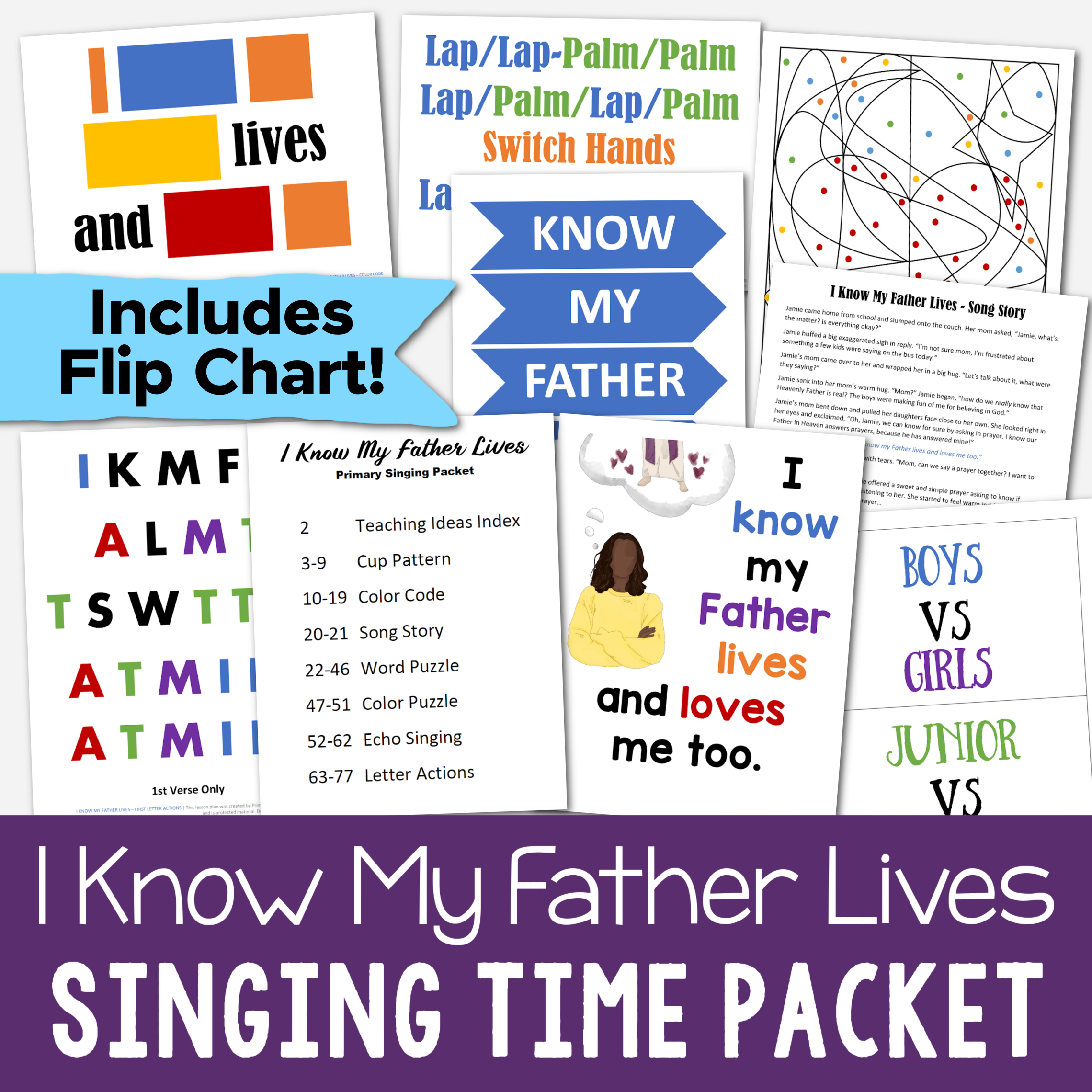 Shop: I Know My Father Lives Singing Time Packet 1 Stand for the Right Teaching Ideas for singing time plus printable illustrated flip chart. Includes 7 fun and unique lesson plans including cup pattern, color code, song story, word puzzle, color puzzle, echo singing, and letter actions! Printable song helps for LDS Primary Music leaders lesson plans.
