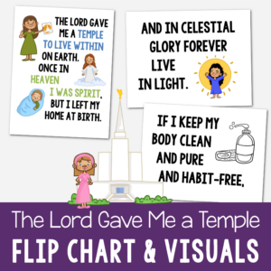 The Lord Gave Me a Temple Flip Chart with custom art in both portrait and landscape singing time visual aids for LDS Primary music leaders.