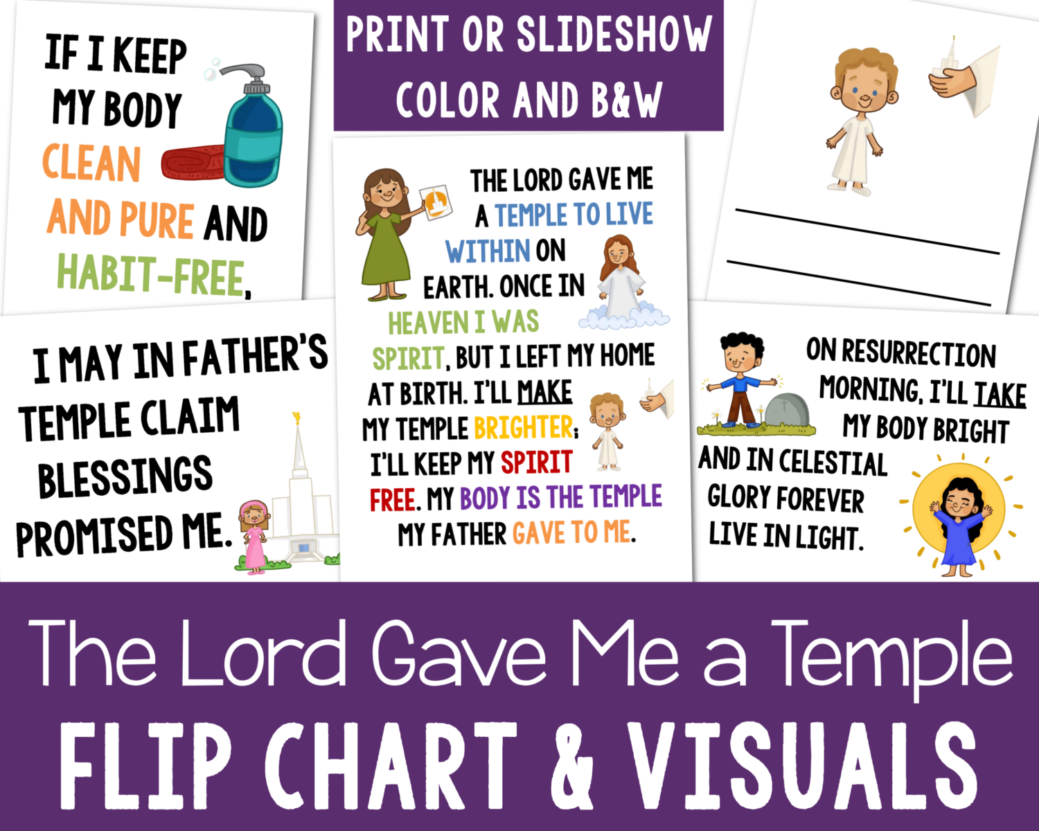The Lord Gave Me a Temple Flip Chart custom art flipchart in portrait and landscape color and black and white! Printables for singing time.