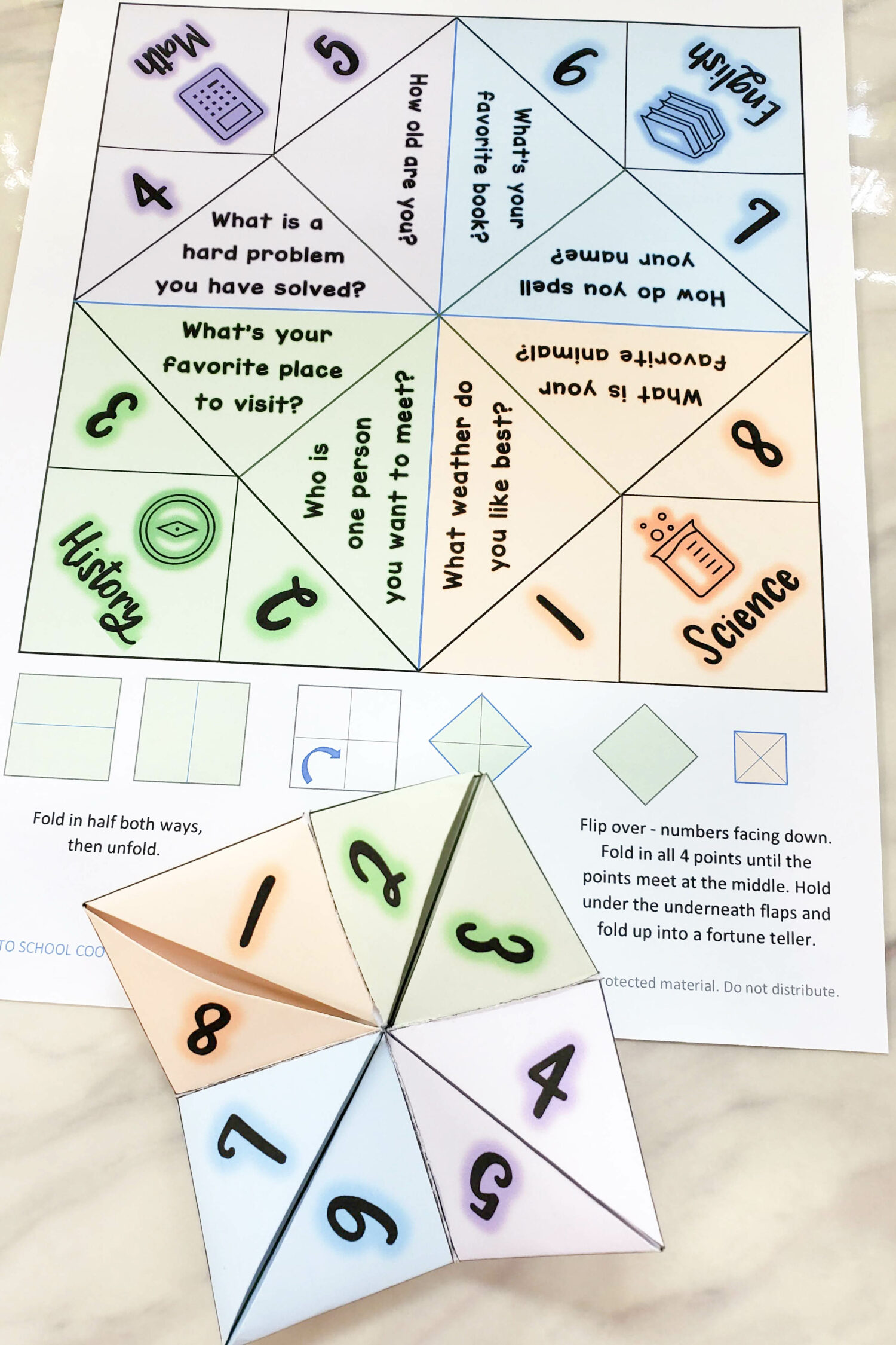Back to School Cootie Catcher1 Getting to Know You singing time activity! Use this fun fortune teller printable to pick a favorite subject and answer a getting to know you question! Great activity for Primary music leaders.