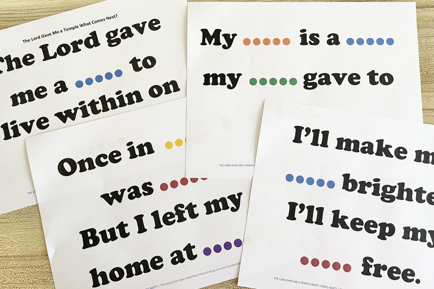 The Lord Gave Me a Temple What Comes Next? Use this fun word game with dot words to determine which keyword comes next. Includes extension ideas and printable for LDS Primary Music Leaders.