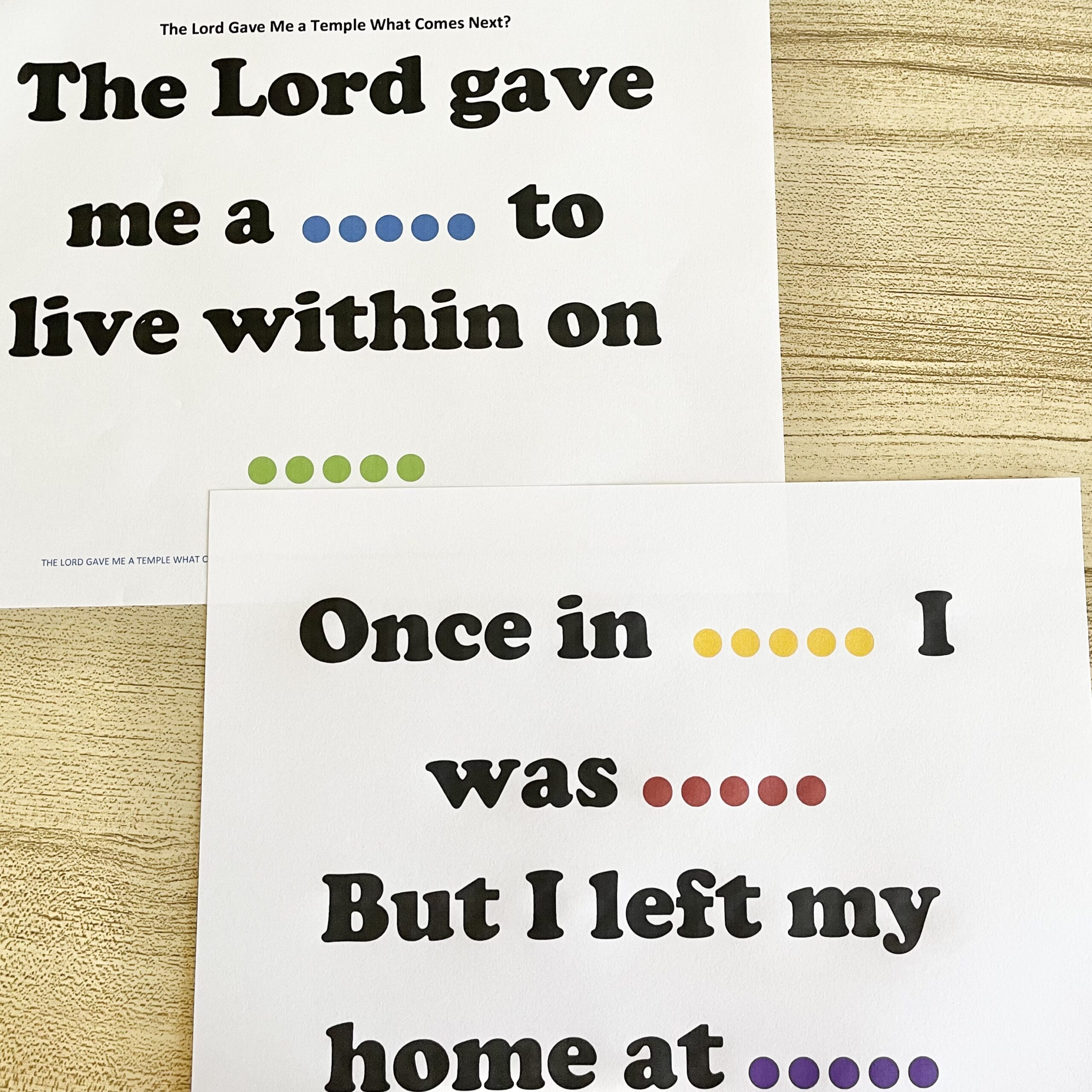 The Lord Gave Me a Temple What Comes Next? Use this fun word game with dot words to determine which keyword comes next. Includes extension ideas and printable for LDS Primary Music Leaders.