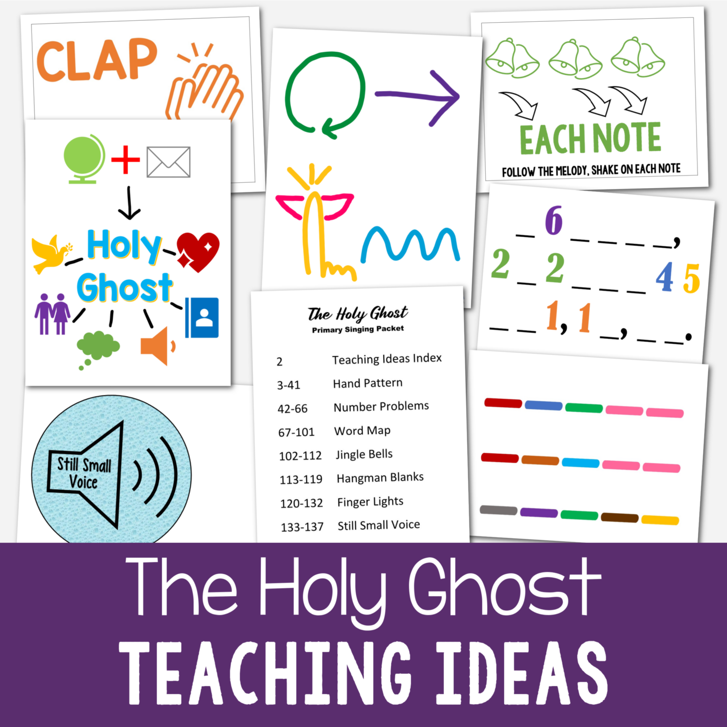 The Holy Ghost teaching ideas for singing time for LDS Primary music leaders printable packet including word map, number problems, jingle bells, finger lights, and more!