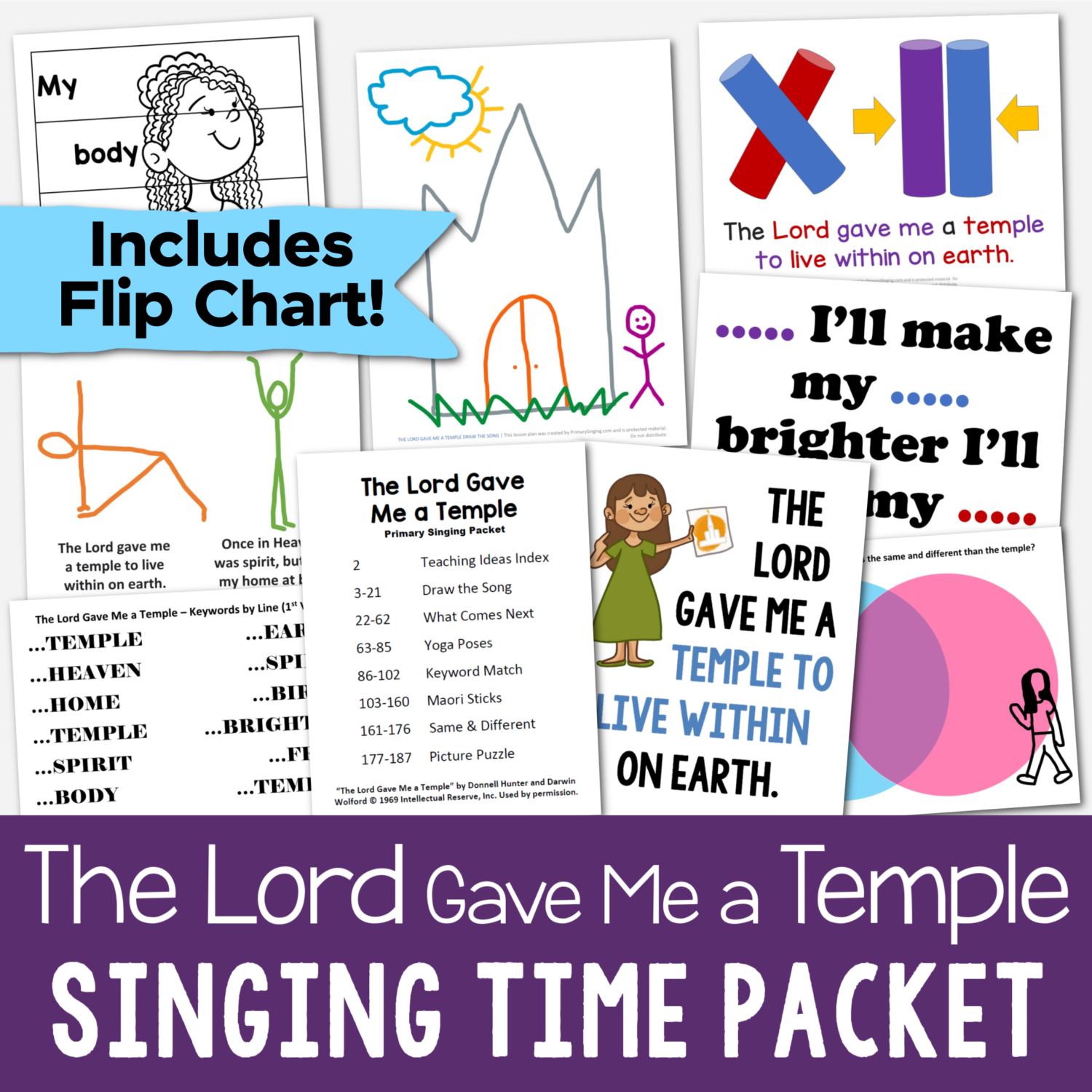 The Lord Gave Me a Temple Singing Time ideas to easily teach this song in Primary. Includes a printable flip chart and 7 fun and unique lesson plans: Draw the song, what comes next, yoga poses, keyword match, maori sticks, same & different, picture puzzle. Song helps for LDS Primary music leaders.