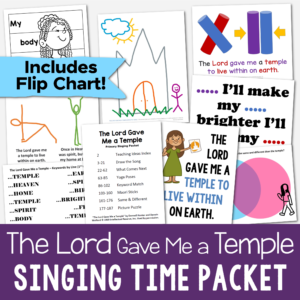 The Lord Gave Me a Temple Singing Time ideas to easily teach this song in Primary. Includes a printable flip chart and 7 fun and unique lesson plans: Draw the song, what comes next, yoga poses, keyword match, maori sticks, same & different, picture puzzle. Song helps for LDS Primary music leaders.