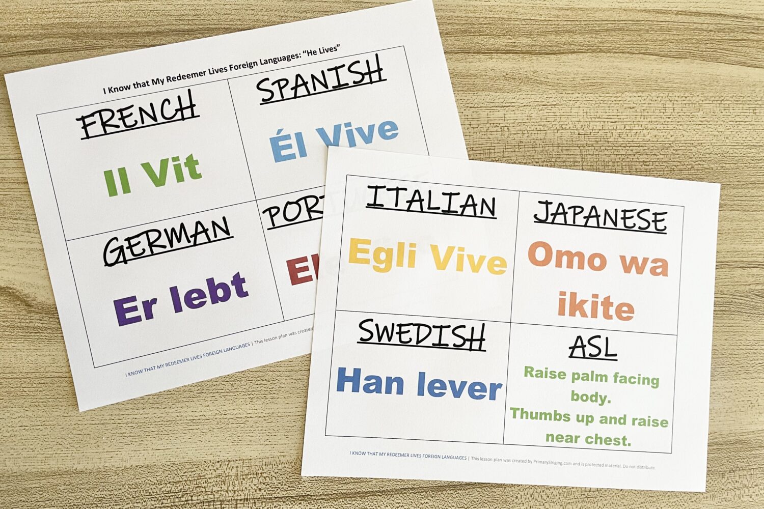 I Know That My Redeemer Lives Foreign Languages - Try this fun foreign languages activity and learn the phrase "He Lives" in 8 different languages! Includes printable song helps and demo video for LDS Primary Music Leaders.