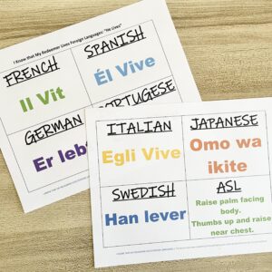 I Know That My Redeemer Lives Foreign Languages - Try this fun foreign languages activity and learn the phrase "He Lives" in 8 different languages! Includes printable song helps and demo video for LDS Primary Music Leaders.