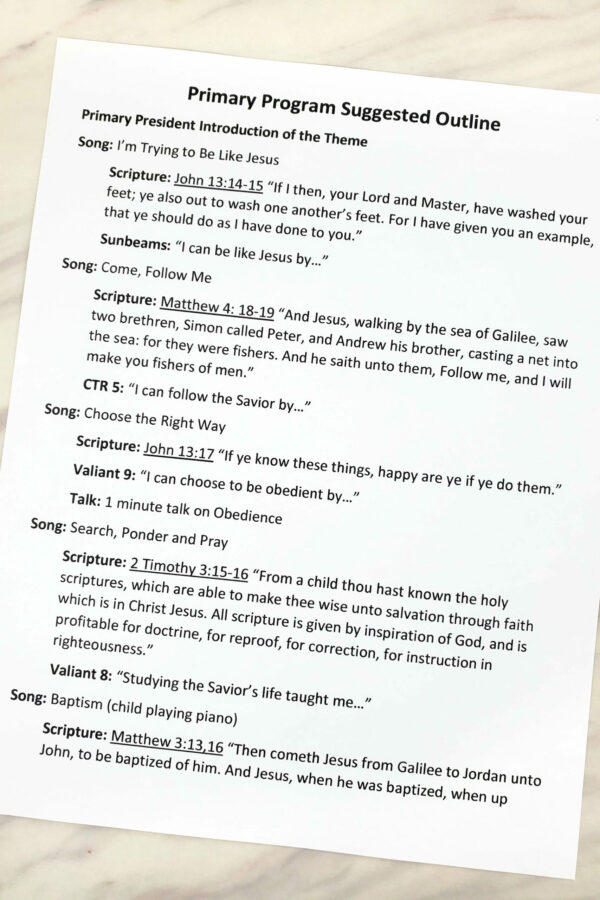 New Testament Primary Program Script & Outline fill in easy to follow Primary Presentation with 33 songs from the Come Follow Me list - pair a song with a scripture, prompt, and talk topic.