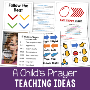 The Church of Jesus Christ printable singing time helps for LDS Primary Music leaders! Includes a variety of teaching ideas including egg shakers pattern, simple actions, song lyrics trivia, picture puzzle, song story, team band, and more!