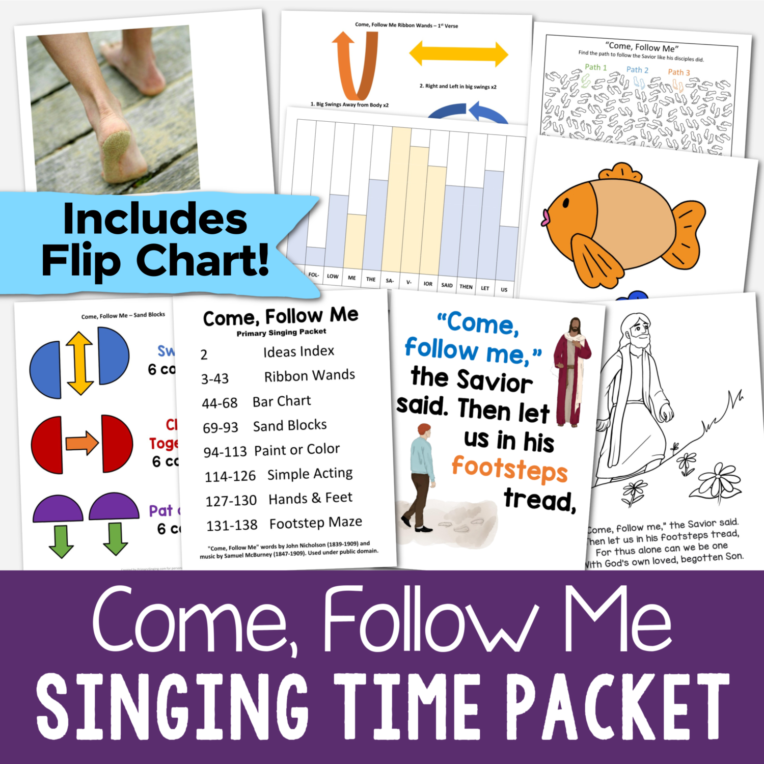 25 Come Follow Me Singing Time Ideas 2 Come Follow Me Singing Time Ideas and Flip Chart - Printable lesson plans and song helps for LDS Primary music leaders including ribbon wands, bar chart, sand blocks, paint or color activity, simple acting script, hands and feet object lessons, and a footstep maze!