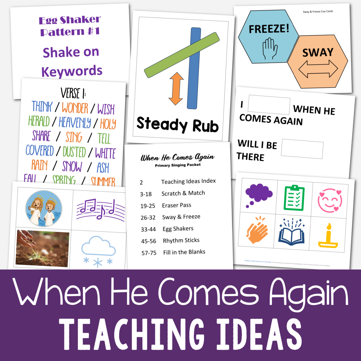 Shop When He Comes Again teaching ideas for singing time- Tons of ideas to help you teach this song including egg shakers, rhythm sticks, fill in the blank, sway and freeze and more!