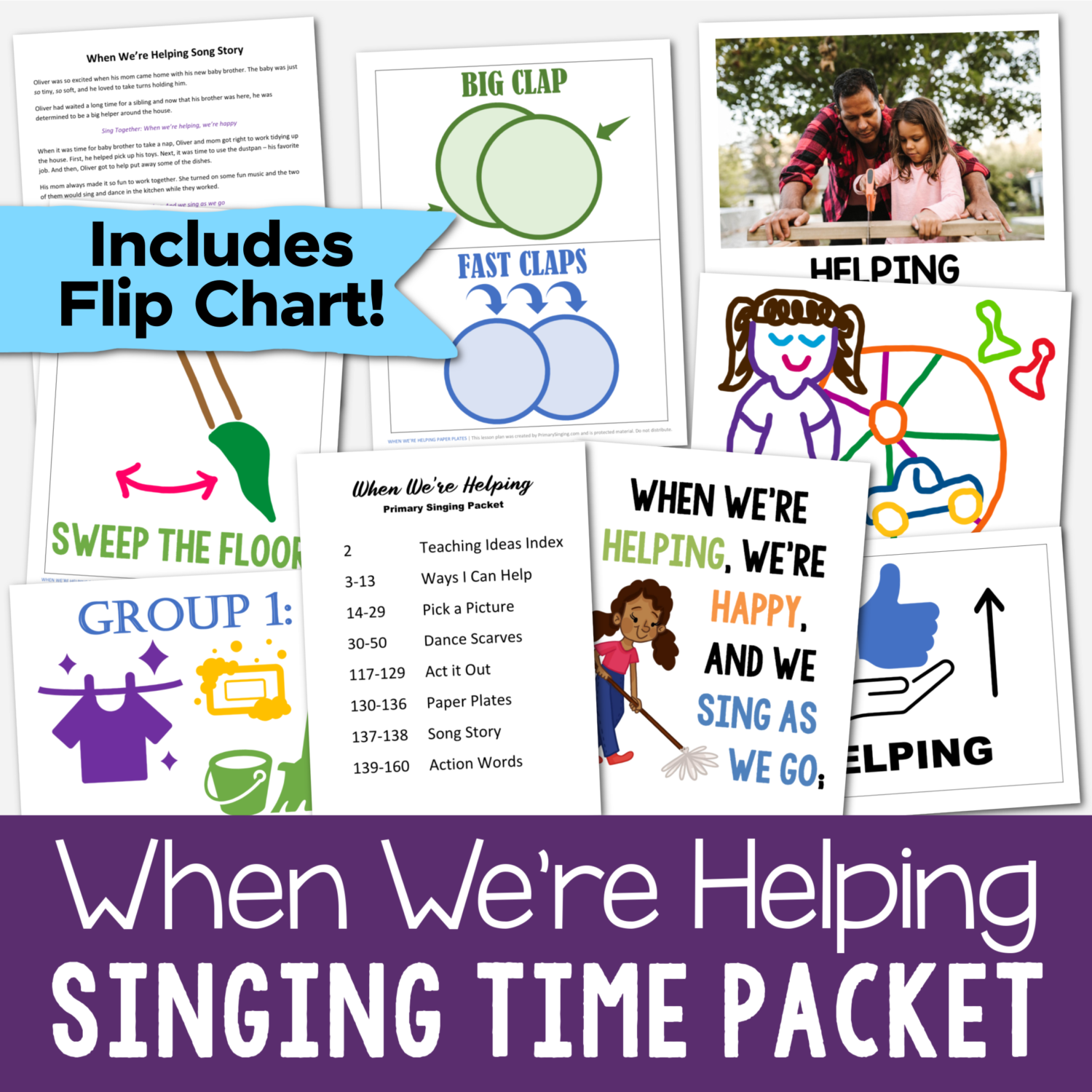 Shop When We're Helping Teaching Ideas - Includes a printable flip chart plus 7 fun lesson plans including ways I can help, pick a picture, dance scarves, act it out, paper plates, song story, and action words. Printable song helps for LDS Primary Music Leaders.