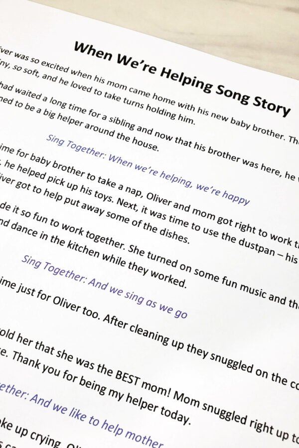 When We're Helping Song Story singing time activity! You'll love sharing this sweet story of Oliver and his new baby brother as he helps his mom with lines from the song woven in and fun additional ways to extend this activity. Includes printable song helps for LDS Primary music leaders.