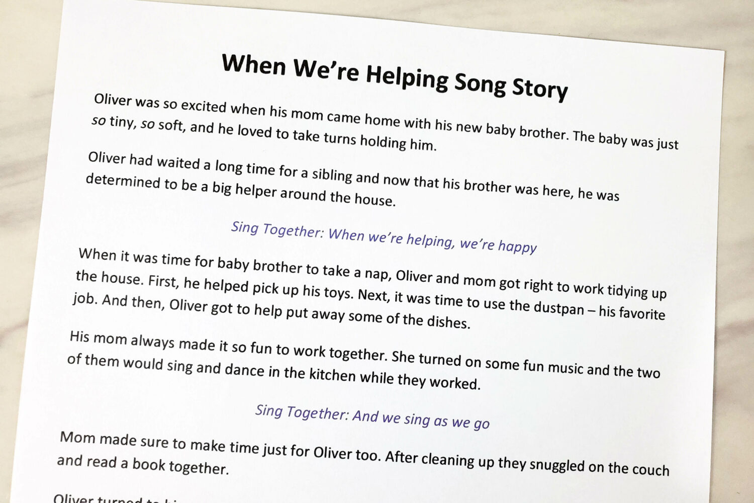 When We're Helping Song Story singing time activity! You'll love sharing this sweet story of Oliver and his new baby brother as he helps his mom with lines from the song woven in and fun additional ways to extend this activity. Includes printable song helps for LDS Primary music leaders.