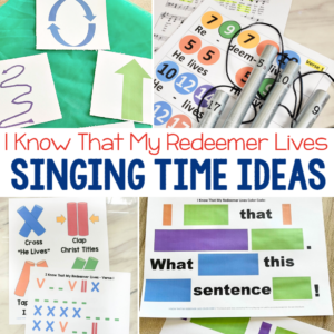 I Know That My Redeemer Lives Singing Time Ideas for LDS Primary Music leaders including maori sticks, color code, lyrics unscramble, pipe chimes, dance scarves, say + sing, and many more! Free printable song helps and engaging activities for teaching this hymn.